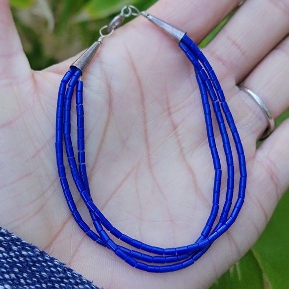 Native American handmade hand strung stabilized lapis lazuli three strand sterli - Picture 14 of 16